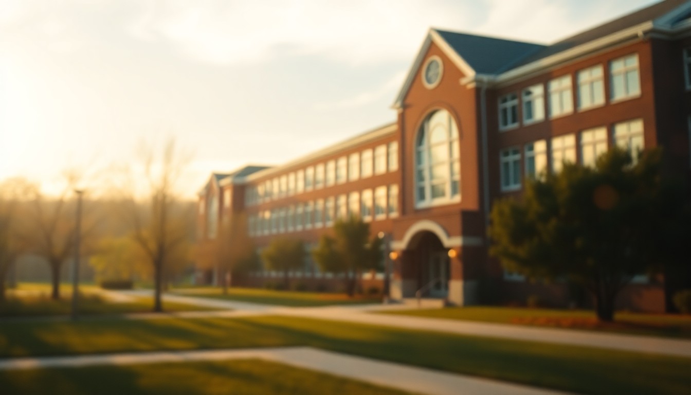 An abstract, impressionistic photograph of a Catholic high school campus, with blurred buildings, trees, and pathways visible through a hazy, warm-toned filter, conveying a sense of transition and possibility.