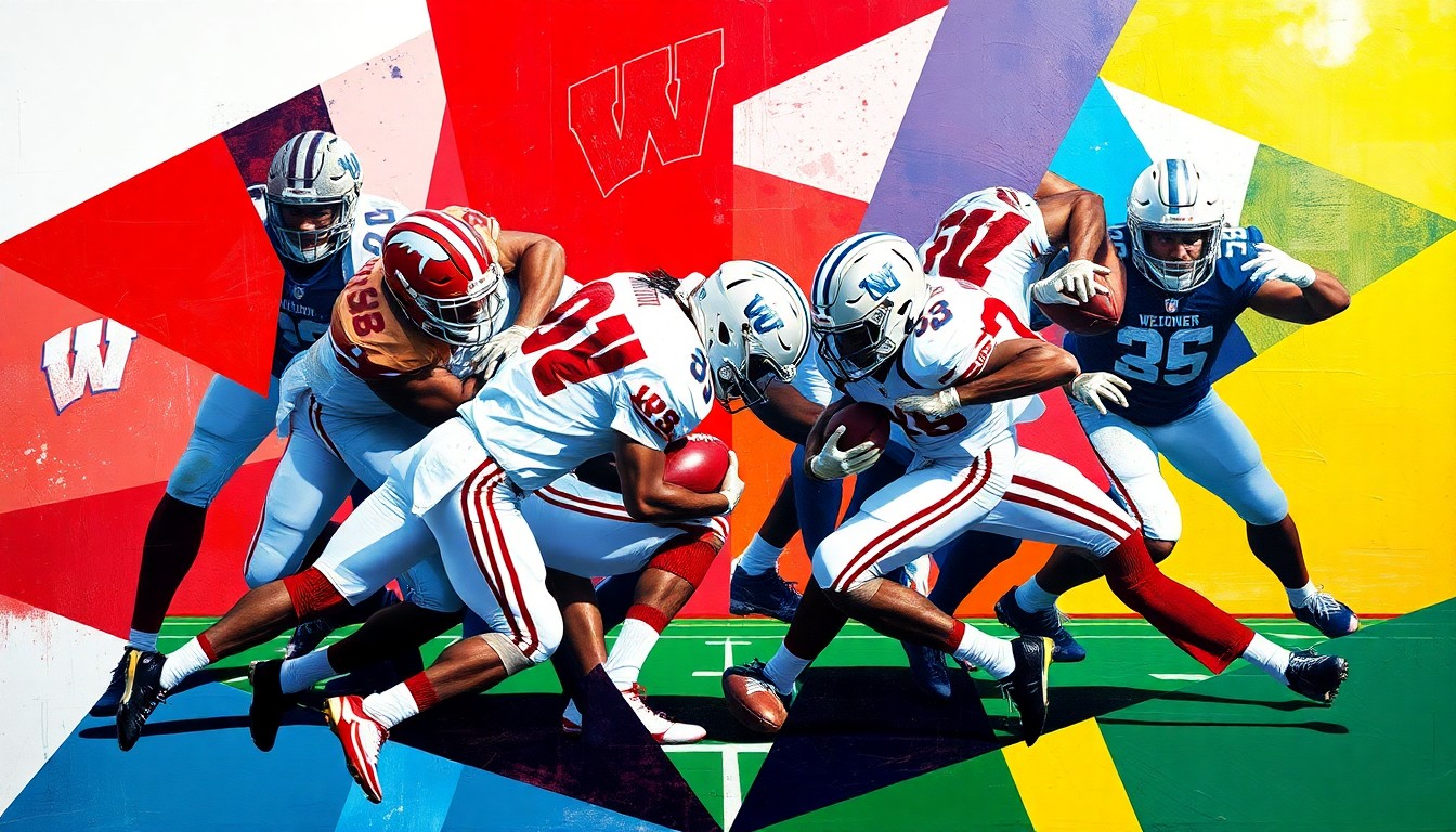 A fragmented, geometric painting in bold primary colors depicts a football game between two teams, with the players' forms broken down into sharp, overlapping shapes that convey the intensity and uncertainty of the matchup.