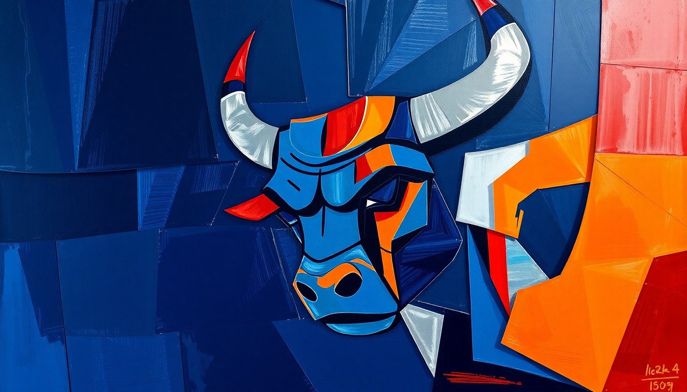 A cubist, geometric painting depicting a fragmented basketball player or game scene, with sharp, overlapping planes of navy blue, orange, and silver, conveying the concept of rebuilding and reviving a struggling sports team.