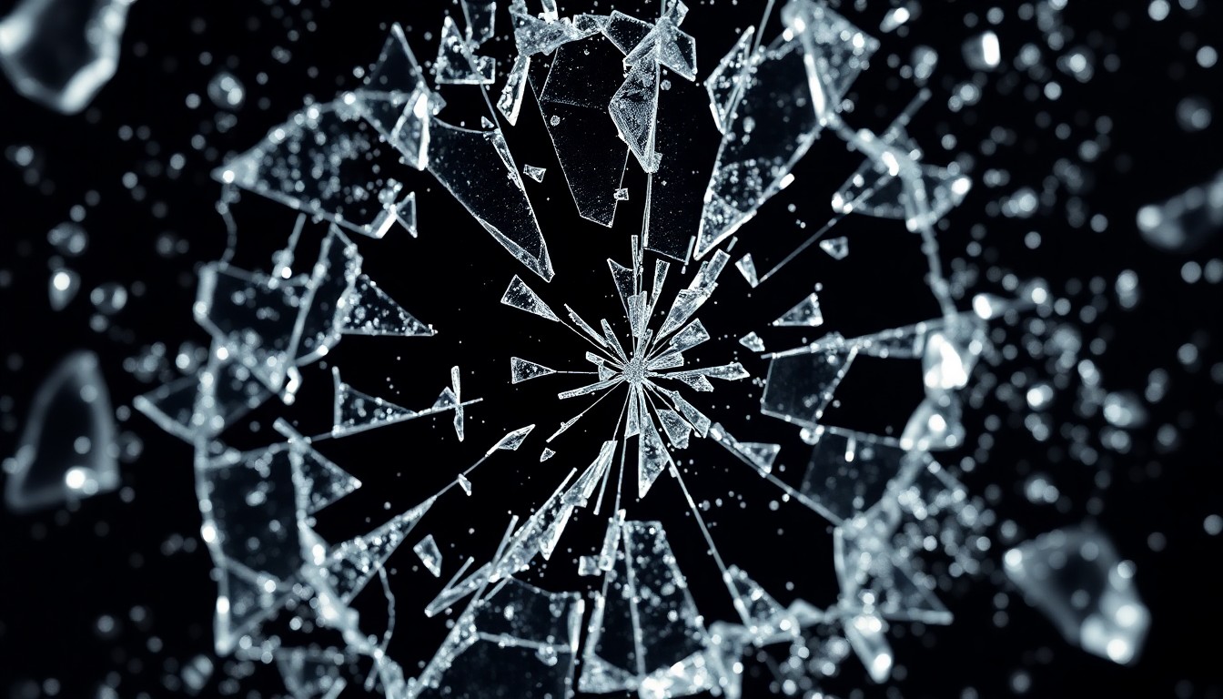 An abstract close-up photograph of shattered glass and glittering shards in high-contrast studio lighting, conveying the fractured nature of the legal dispute between the two celebrities.