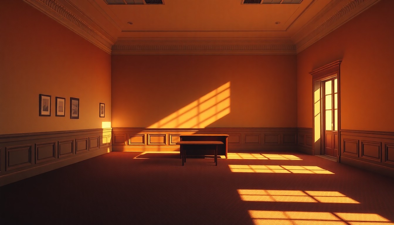 A dimly lit, cinematic government office space with a lone desk and chair, the warm sunlight streaming in through the windows casting deep shadows, creating a sense of political unease and the fragility of democratic institutions.