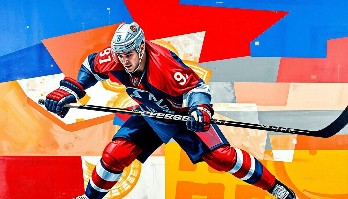 A fragmented, geometric painting depicting a hockey defenseman in motion, with sharp planes of blue, red, and silver representing the raw energy and skill of the player.