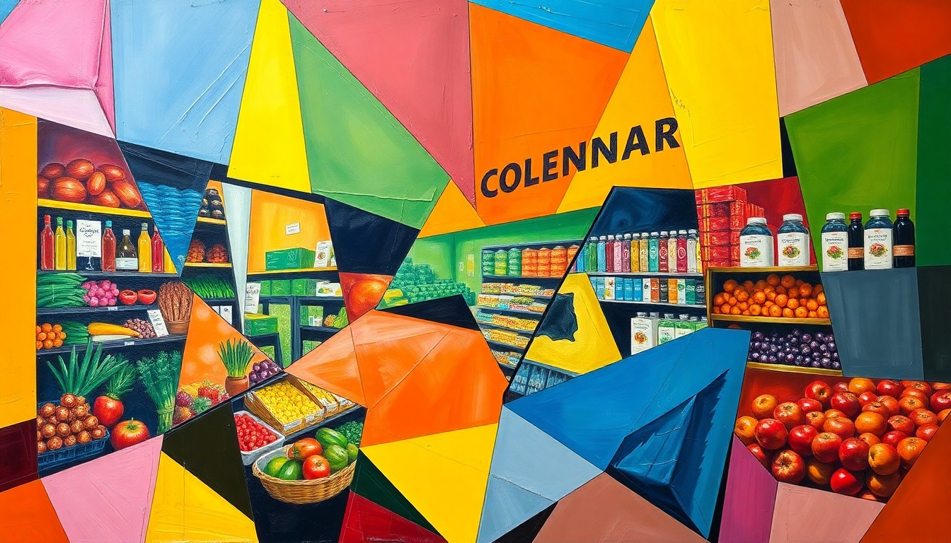 A heavily textured, cubist-style painting with overlapping geometric shapes in bright, earthy colors representing the joyful energy and community spirit of a local grocery store's anniversary celebration.