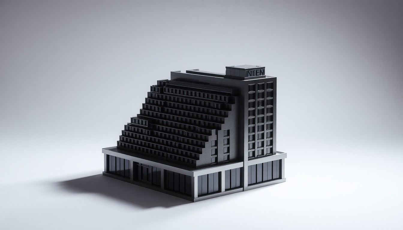 A high-end, photorealistic studio still-life photograph featuring a polished, geometric metal model of a hotel building in shades of silver and charcoal, resting on a clean white seamless background. The dramatic studio lighting casts deep shadows, conceptually representing the abstract corporate strategy and financial risks behind the Downtown Grand's receivership.