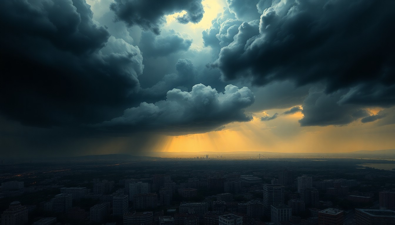 A sweeping, atmospheric landscape painting depicting a dramatic storm system looming over the cityscape of Savannah, Georgia, with the natural elements dwarfing the built environment below.