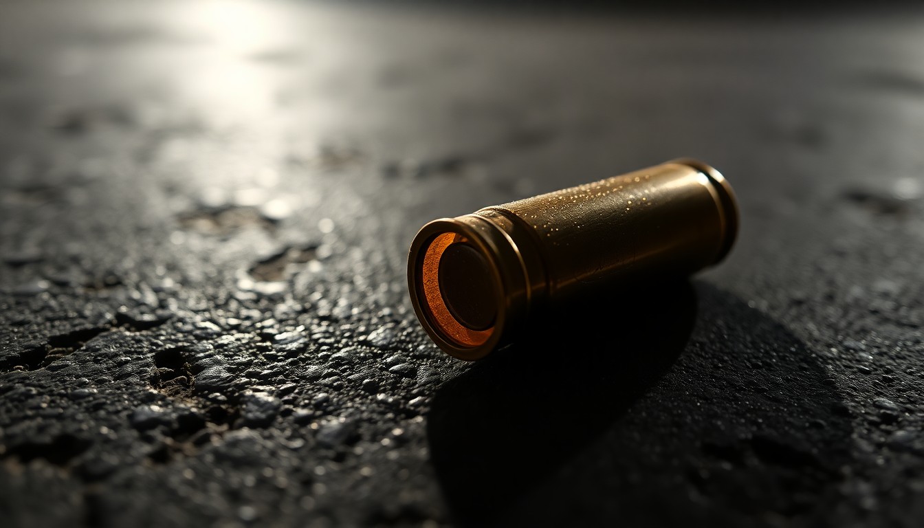 An extreme close-up of a spent bullet casing on a dark concrete surface, lit by a harsh, direct camera flash, conceptually representing the aftermath of a shooting incident.