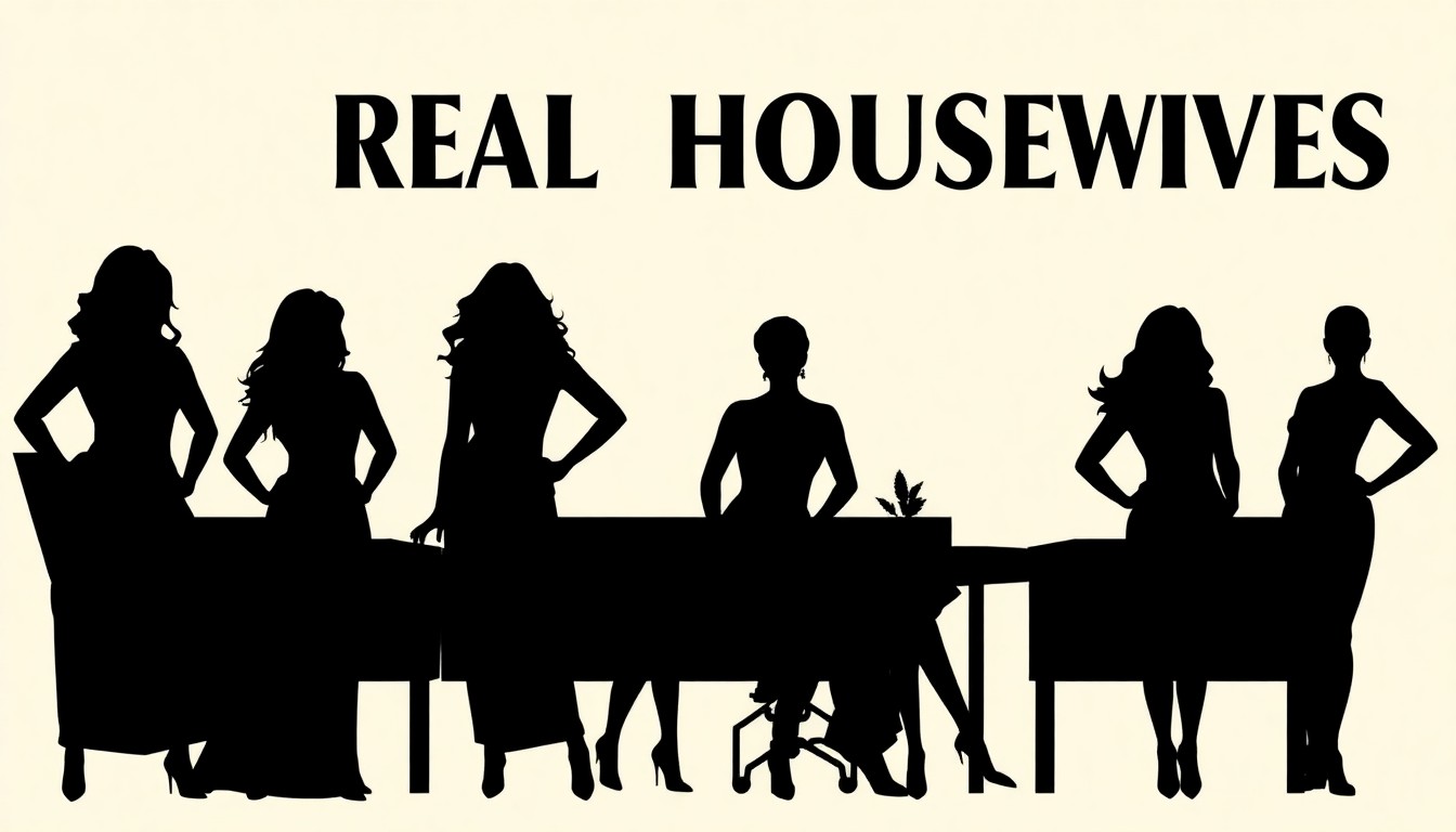 A striking black and white illustration featuring abstract, jagged shapes and silhouettes, conceptually representing the high-stakes drama and intrigue of the Real Housewives franchise.