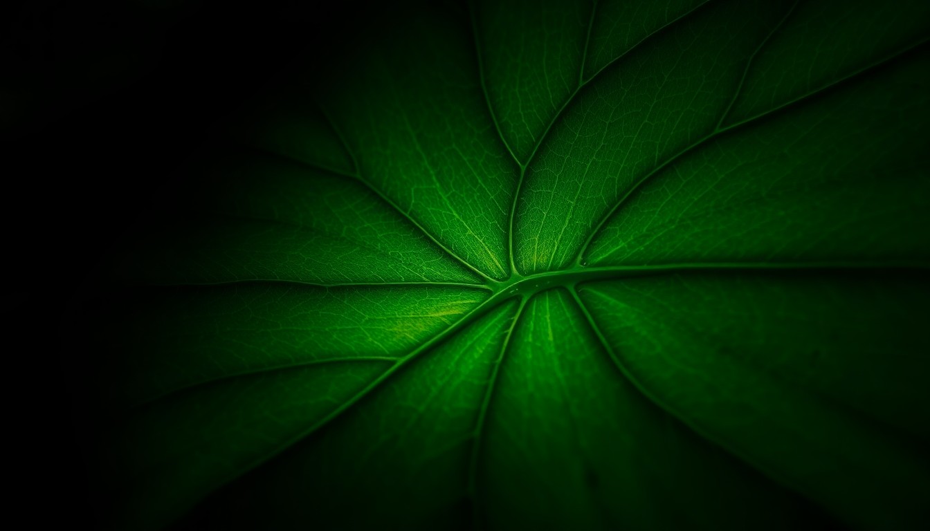 A close-up photograph of a lush, velvety green leaf, captured in dramatic, high-contrast lighting to highlight the intricate textures and patterns of the natural material, creating a sense of ethereal, glamorous beauty.