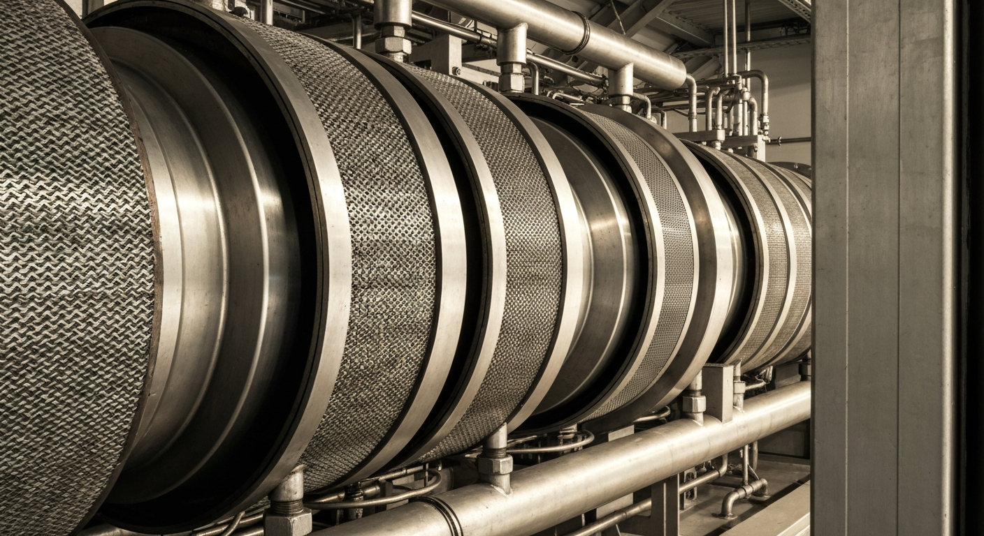 An extreme close-up of intricate, industrial nuclear reactor components and machinery, conveying the heavy, secure, and powerful nature of BWX Technologies' role in the nuclear energy industry.