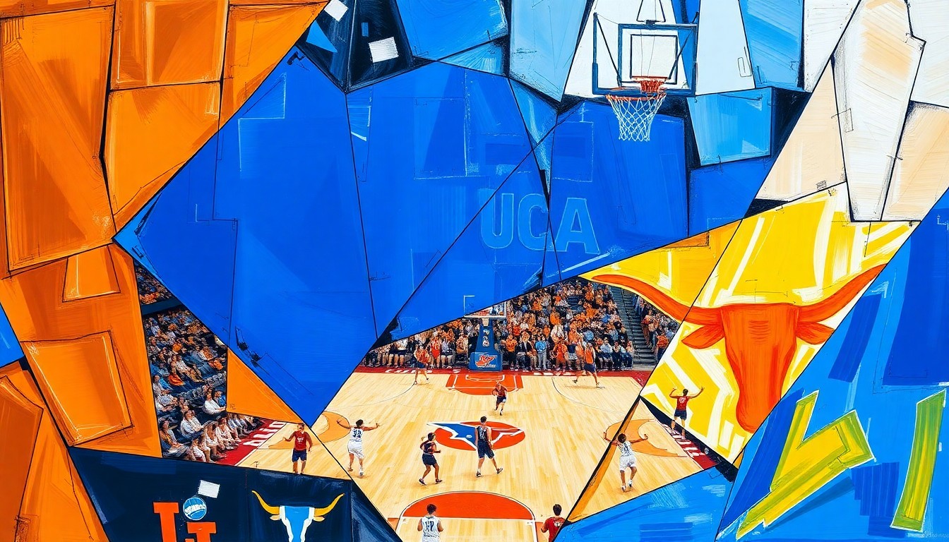 A fractured, cubist-style painting depicting the dynamic action of a women's basketball game between UCLA and Texas, with the players and court rendered in sharp, overlapping geometric shapes and vibrant team colors.