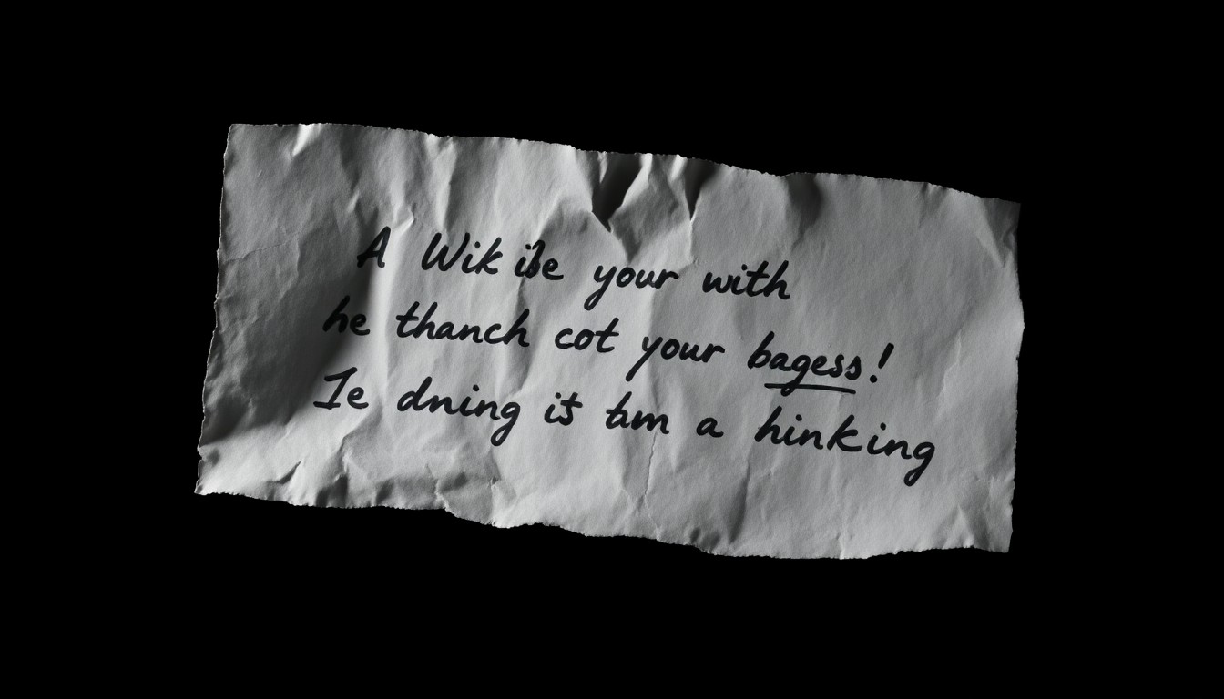 An extreme close-up of a crumpled piece of paper with handwritten text, lit by a harsh, direct camera flash against a pitch-black background, conveying a sense of gritty investigation into a disturbing crime.