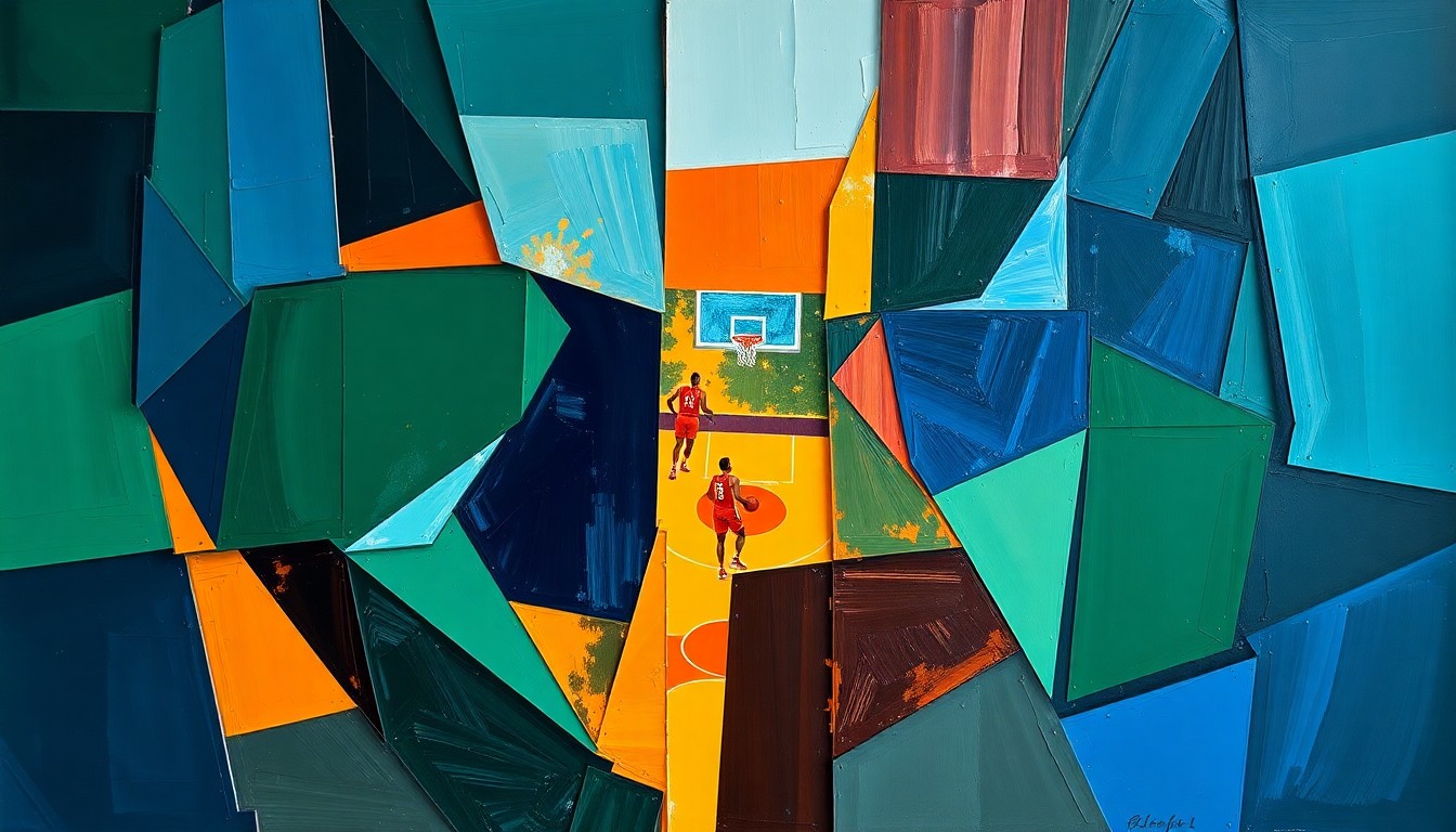 A fragmented, cubist-style painting depicting a basketball game, with players and the court broken down into sharp, angular geometric shapes in a palette of navy, green, and orange.