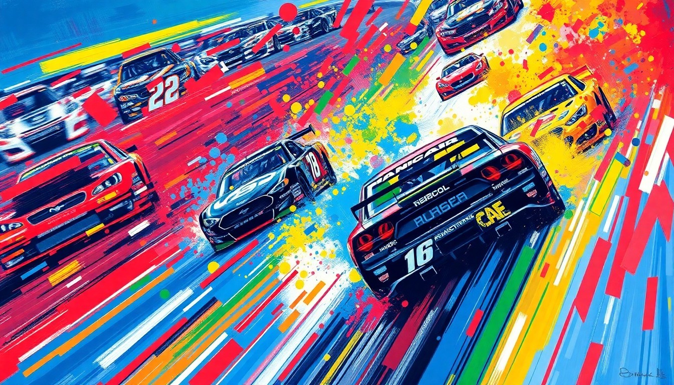 An abstract, expressionist painting featuring vibrant, neon-colored brushstrokes that capture the kinetic energy and motion of a NASCAR race, with the cars and drivers blending into a chaotic, colorful scene.