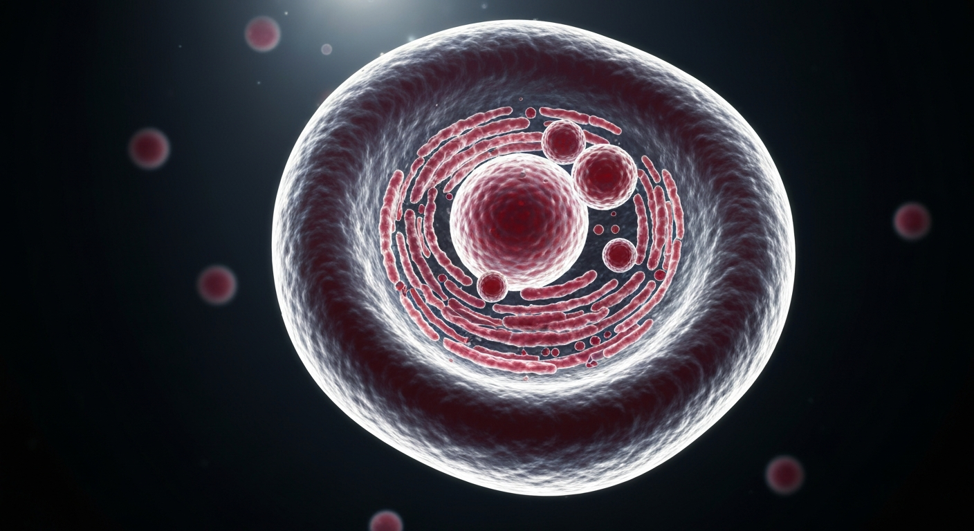 A ghostly, translucent X-ray photograph revealing the delicate internal structure of a healthy red blood cell, glowing against a dark background and conceptually representing the potential of gene-editing technology to treat sickle cell disease.
