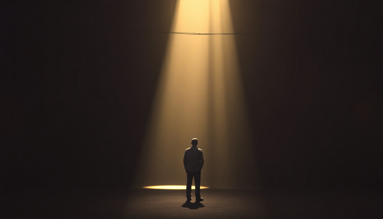 A cinematic, painterly illustration depicting a solitary figure standing alone in a dimly lit urban setting, with warm sunlight casting dramatic shadows across the scene, conveying a sense of contemplation and unease around the political tensions within the Democratic Party.