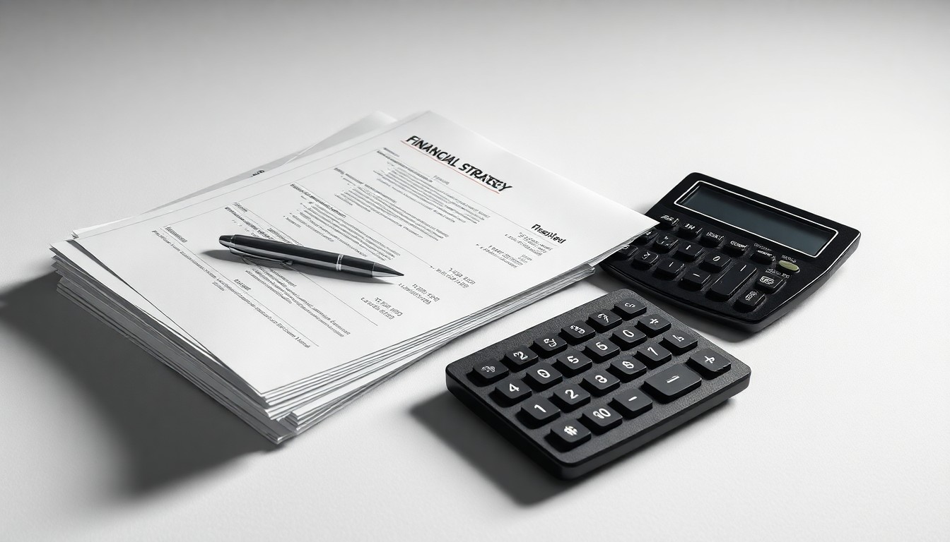 A photorealistic studio still life featuring a stack of financial reports, a pen, and a calculator arranged elegantly on a clean, monochromatic background, conceptually representing Omnicom's corporate strategy and market performance.