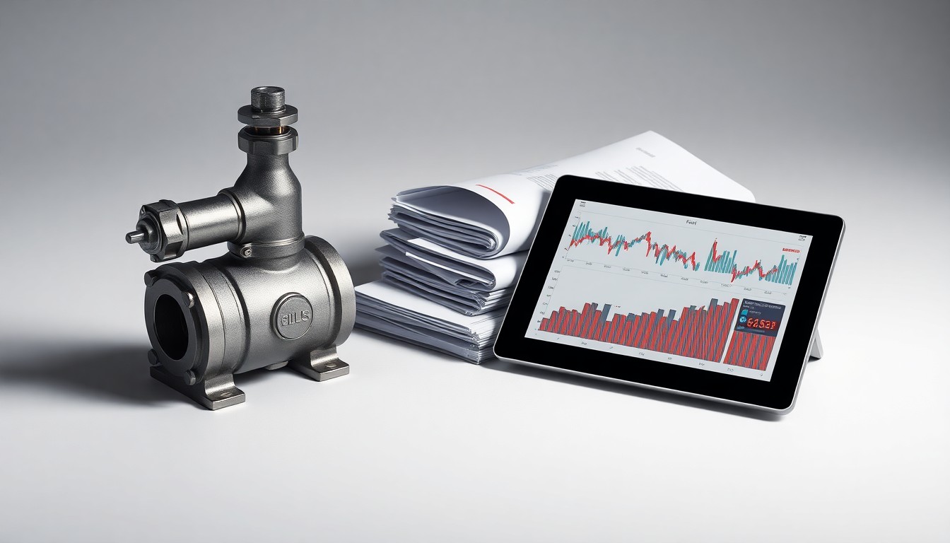 A photorealistic studio still life featuring a polished metal oil and gas pipeline valve, a stack of financial reports, and a digital tablet displaying stock charts, all arranged elegantly on a clean, monochromatic background to symbolize the abstract corporate strategy and financial performance of an energy company.