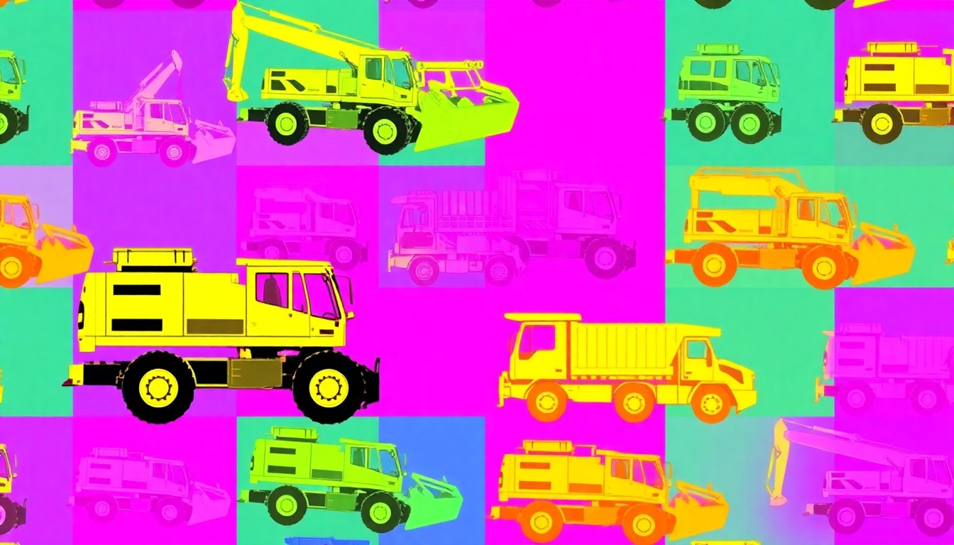 A vibrant, high-contrast silkscreen print of a construction excavator repeated in a grid pattern, rendered in a bold, neon color palette that transforms the everyday machinery into modern pop art.