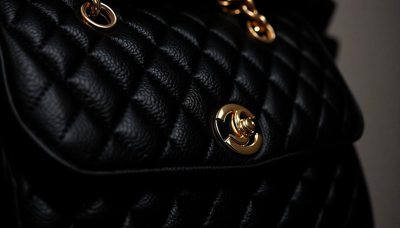 An extreme close-up photograph of a vintage Chanel quilted leather handbag in black, capturing the luxurious texture and glitzy hardware in high contrast studio lighting.