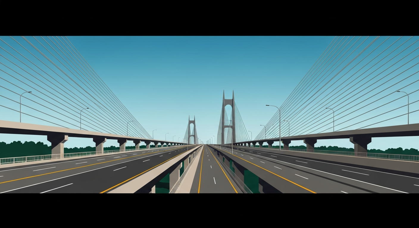 A highly stylized, geometric illustration depicting the sweeping curves and towering scale of New York's toll road infrastructure, conveying the grand scope of the state's transportation challenges.