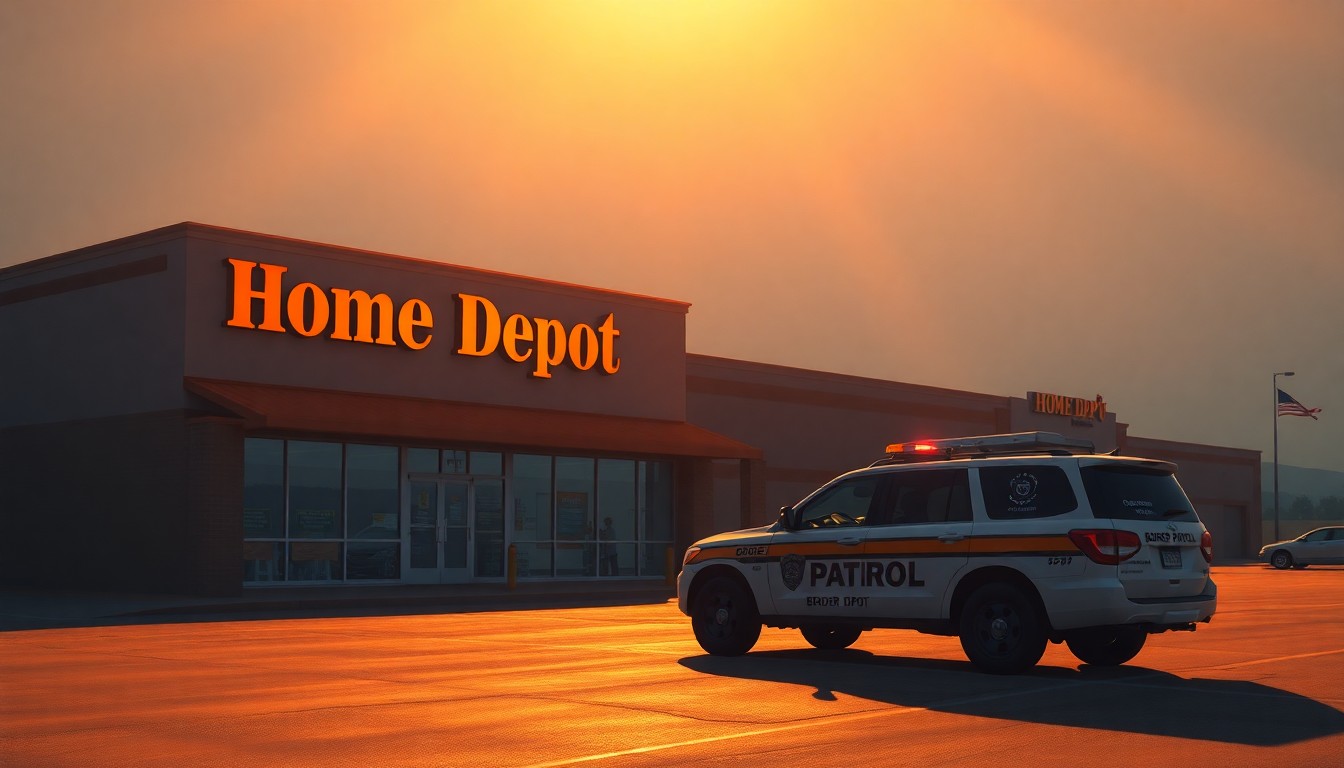 A cinematic painting of a solitary Border Patrol vehicle parked outside a Home Depot, the scene bathed in warm, diagonal sunlight and deep shadows, conceptually illustrating the tensions over federal immigration enforcement in California.