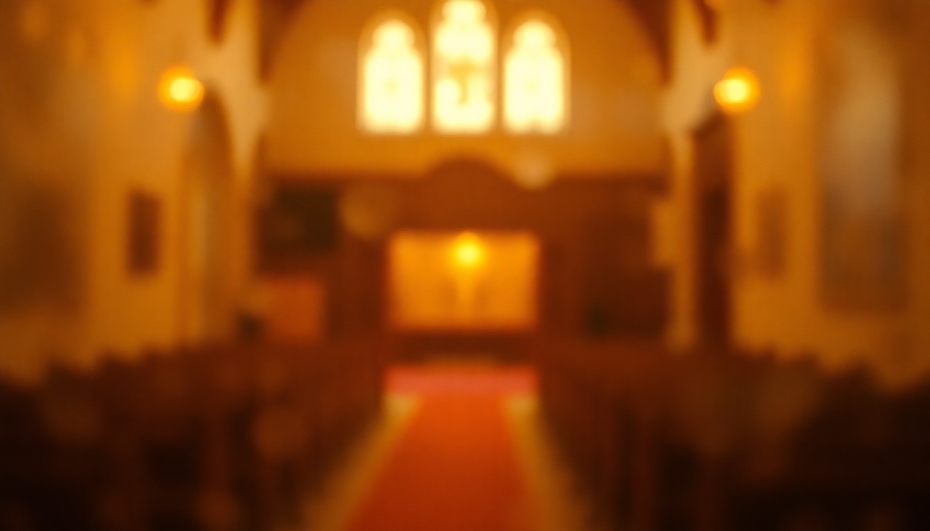 An impressionistic, out-of-focus photograph of a dimly lit church interior, with soft pools of golden light and muted colors, conceptually representing the somber mood of a small-town funeral.