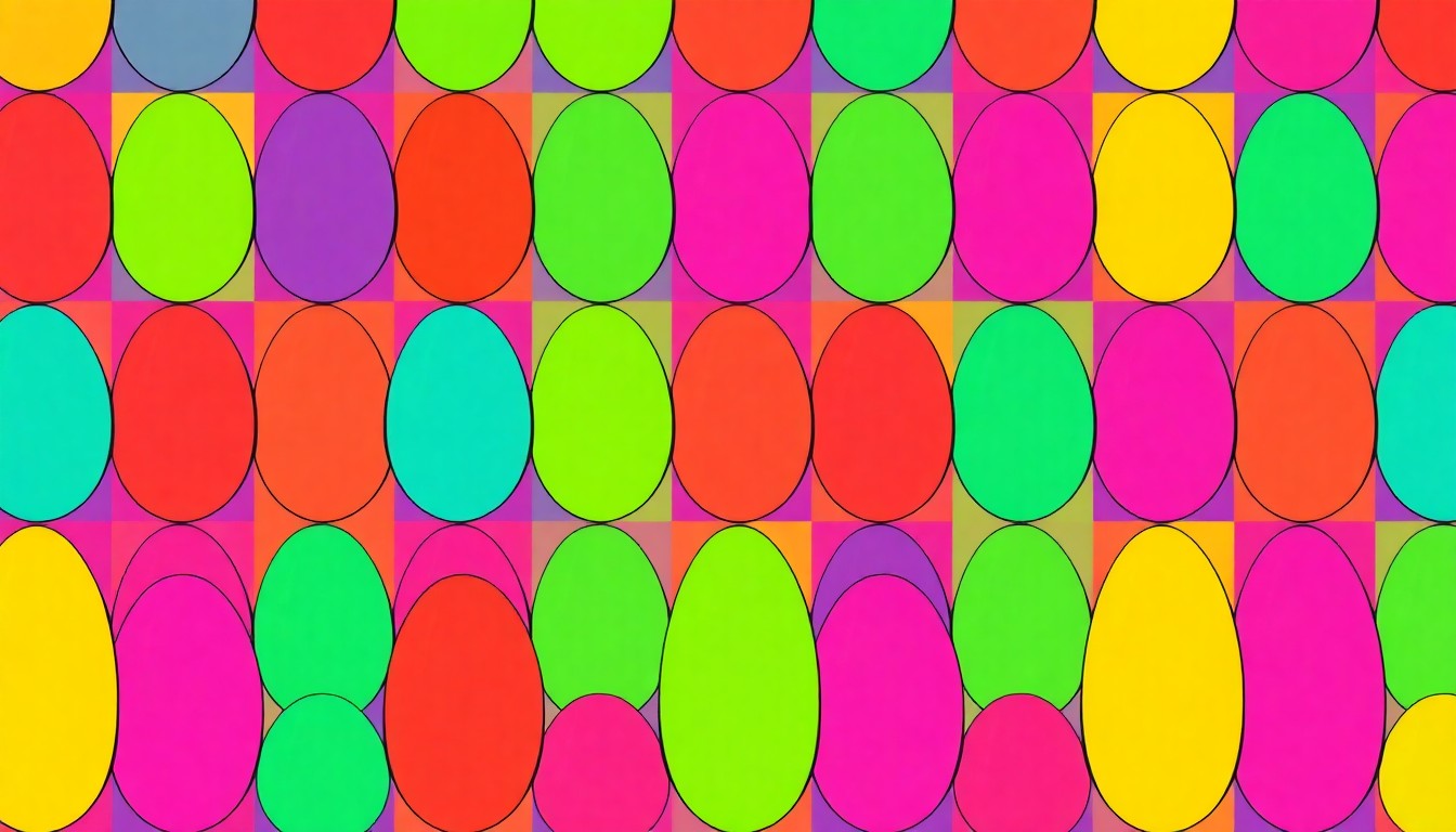 A bold, colorful silkscreen-style illustration of a bright pink Easter egg repeated in a grid pattern, conceptually representing the adult Easter egg hunt at Lolo Hot Springs Resort.
