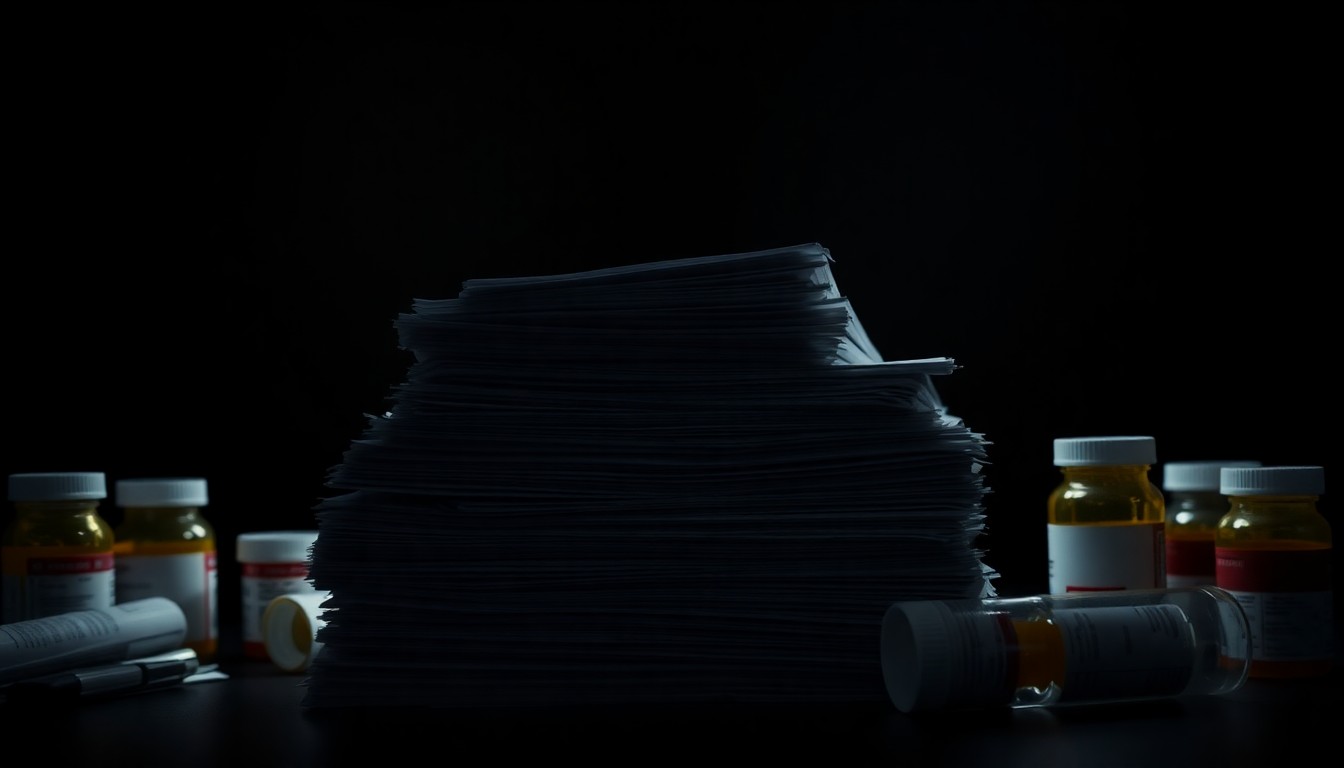 An extreme close-up photograph of a stack of medical documents and prescription bottles lit by a harsh, direct camera flash against a pitch-black background, conceptually illustrating the investigation into a large-scale healthcare fraud operation.