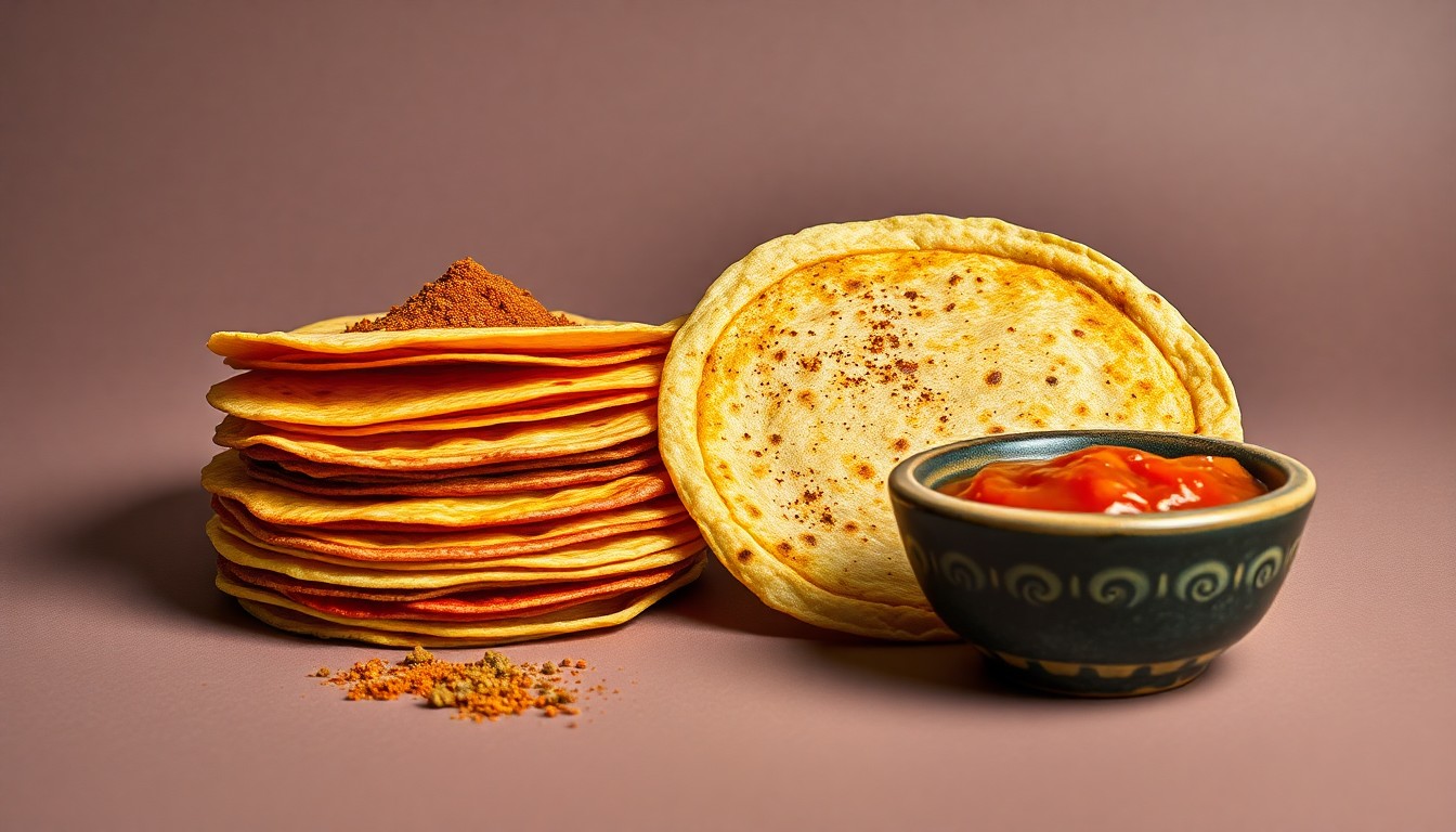 A high-end studio still life photograph featuring a stack of colorful handmade corn tortillas, a molcajete with freshly ground spices, and a small ceramic dish of vibrant salsa, all arranged elegantly on a clean, monochromatic background with dramatic lighting and deep shadows.