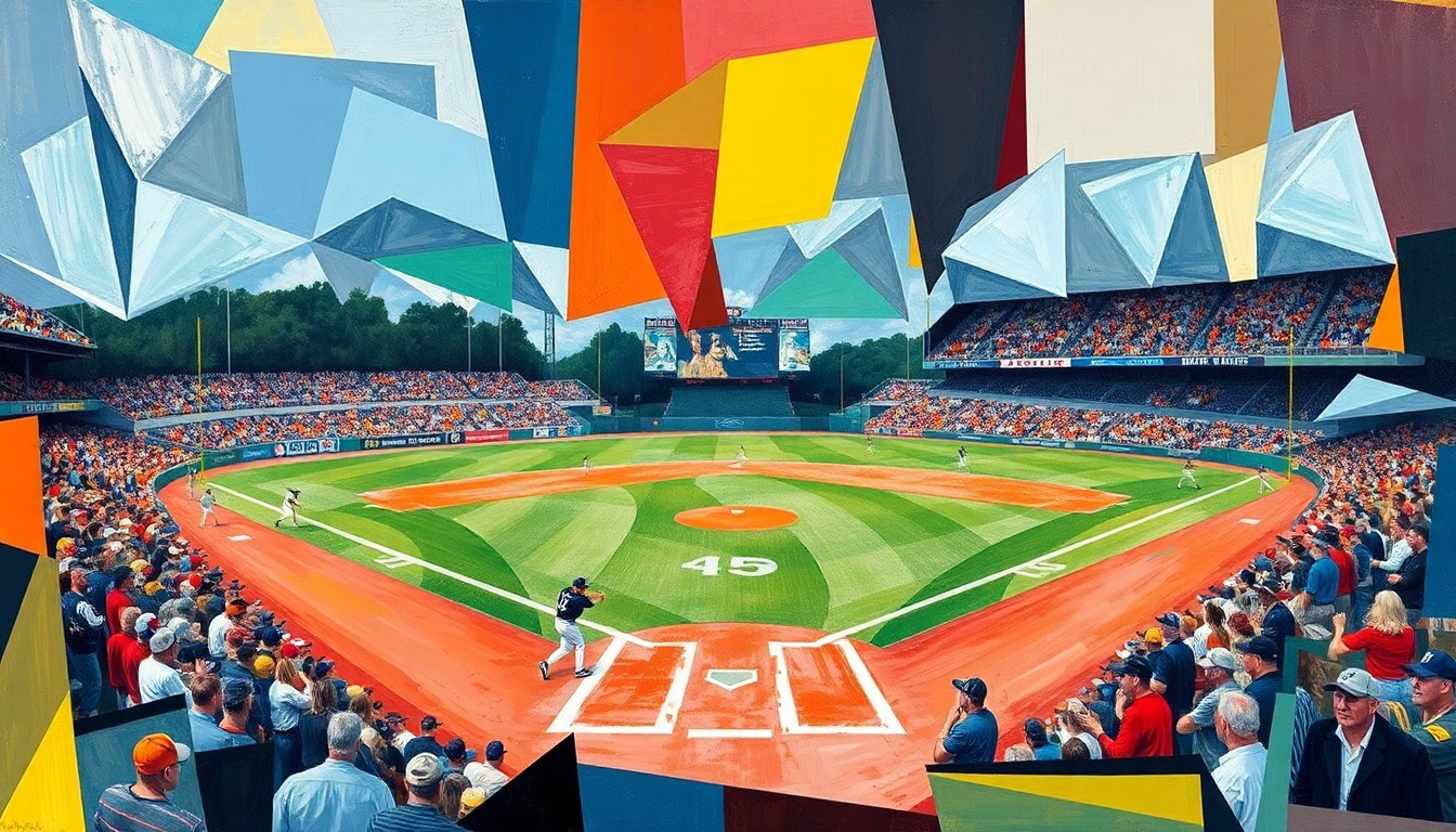 A cubist, geometric painting depicting the intense action and energy of a high school baseball playoff game, with players, field, and crowd reduced to abstracted shapes and colors.