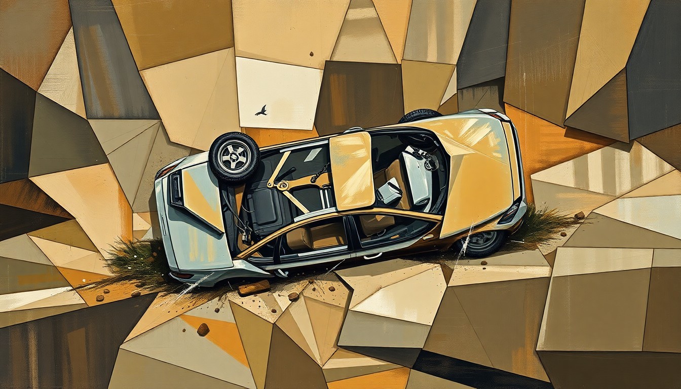 A fragmented, cubist-style painting depicting the chaotic aftermath of a car crash, with sharp geometric planes in muted browns, grays, and metallic tones conveying a sense of distress and disorientation.