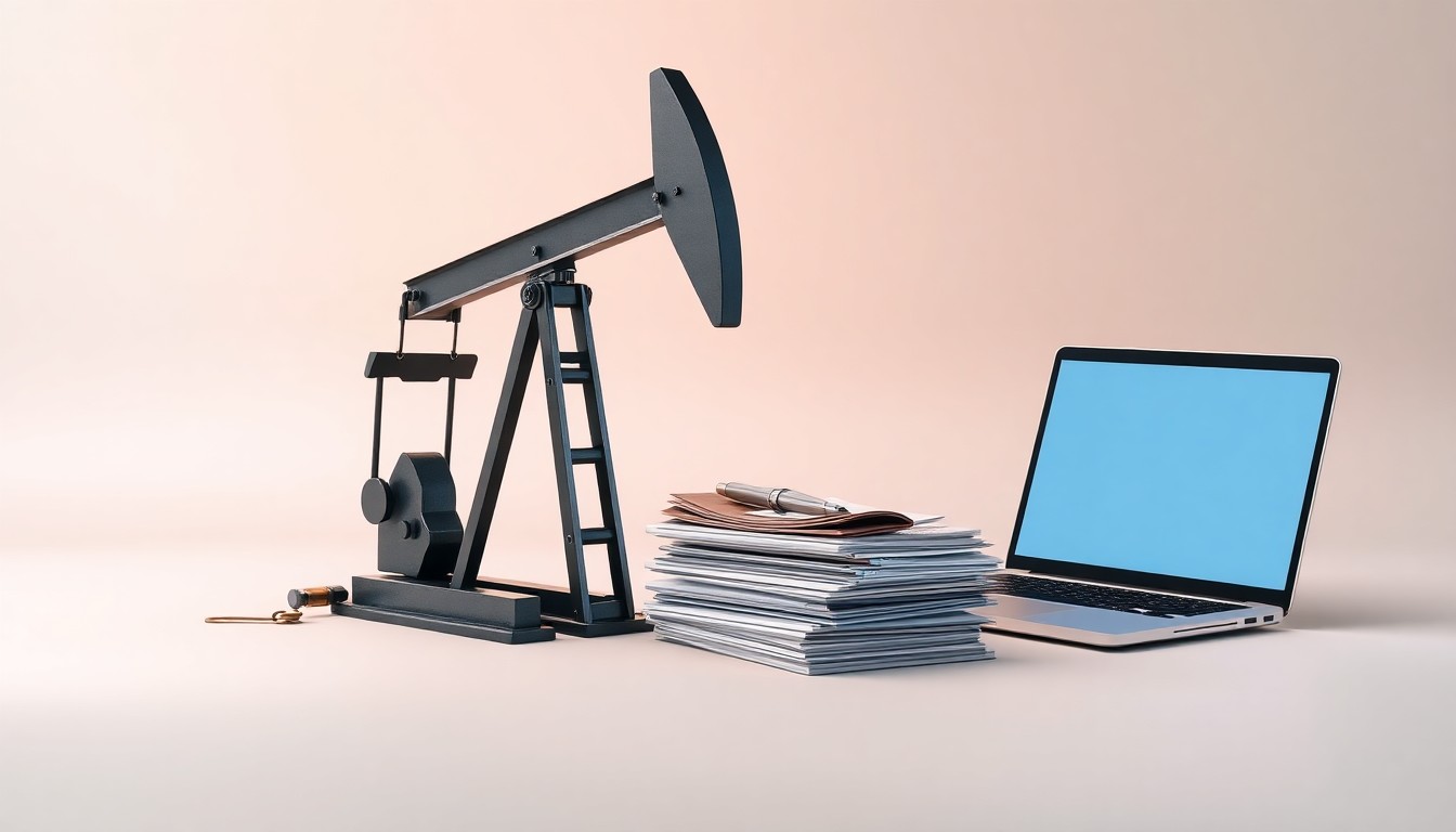 A high-end, photorealistic studio still-life photograph featuring a polished metal oil pump jack, a stack of financial documents, and a glowing laptop screen on a clean, monochromatic seamless background, conceptually representing the abstract concepts of corporate strategy, finance, and energy industry operations.
