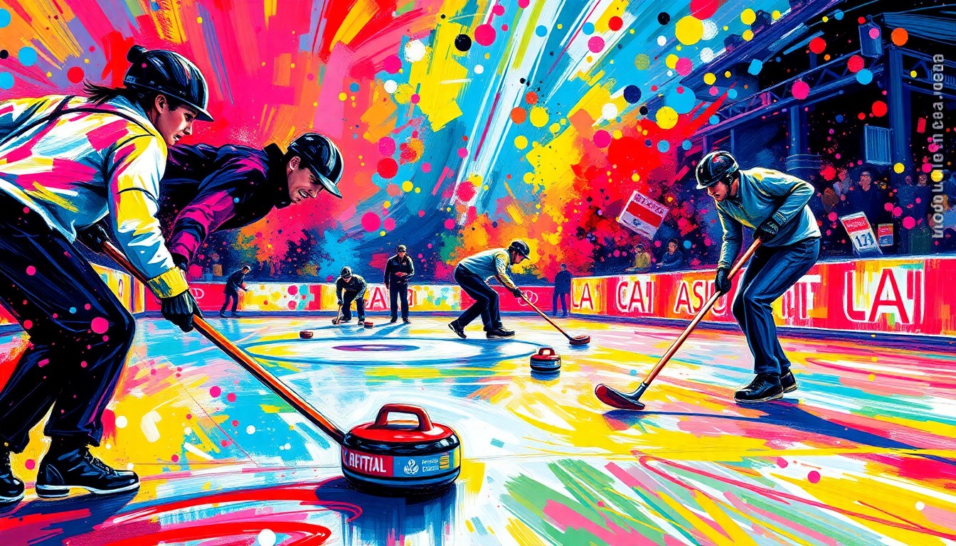 An abstract expressionist painting in vibrant neon colors, with rapid brushstrokes capturing the dynamic motion and energy of a curling match, conceptually representing the legacy of a legendary broadcaster.