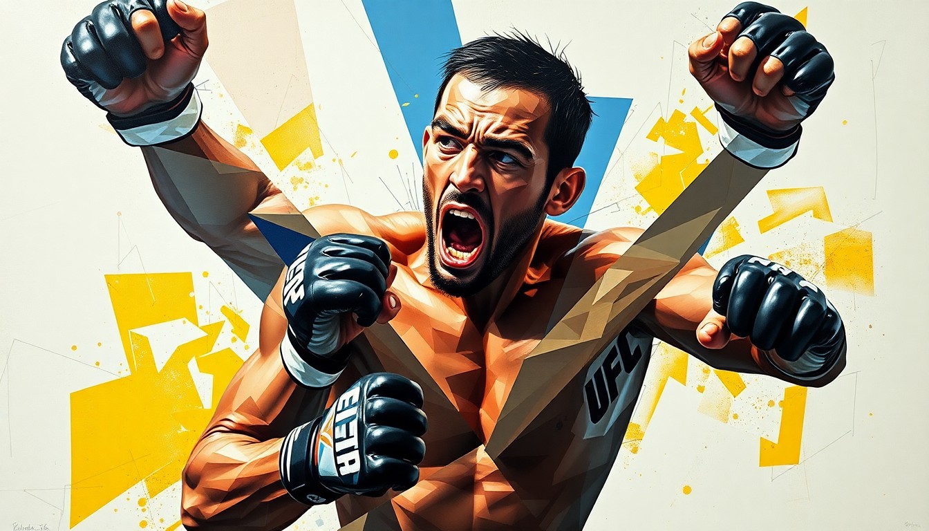 A fragmented, geometric painting depicting the dynamic movements and fierce expression of a UFC fighter, conveying the conceptual tension of an underdog challenger seeking to make his mark.