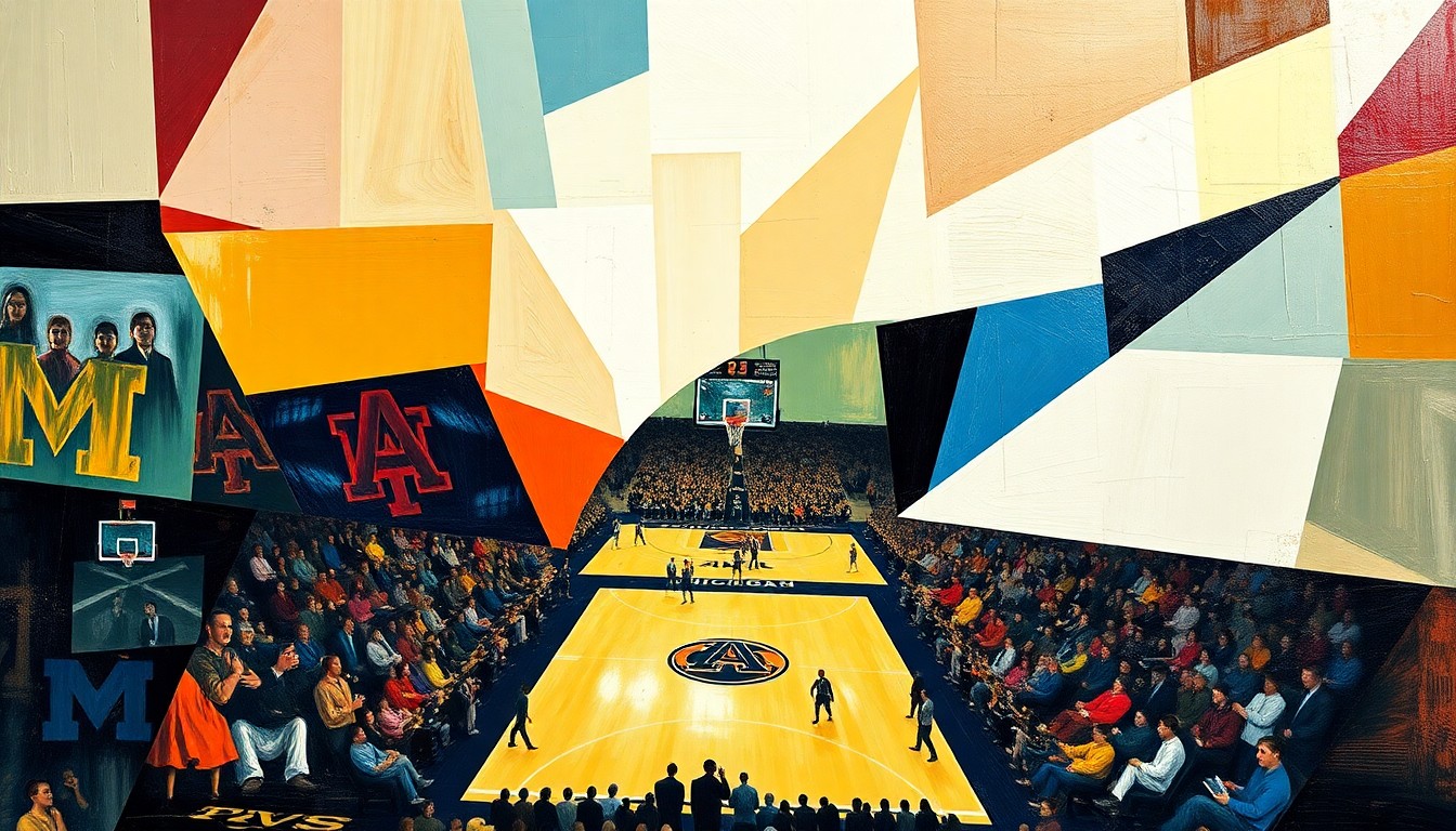 A cubist-style painting depicting fragmented, geometric shapes and planes representing the action and energy of a college basketball game between Michigan and Arizona, conveying the intensity and strategic battle between the two teams.