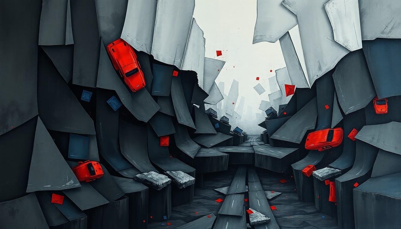 A dynamic, abstract painting featuring overlapping geometric shapes and fractured lines in shades of gray, blue, and red, conveying a sense of disarray and inefficiency in the state's infrastructure system.