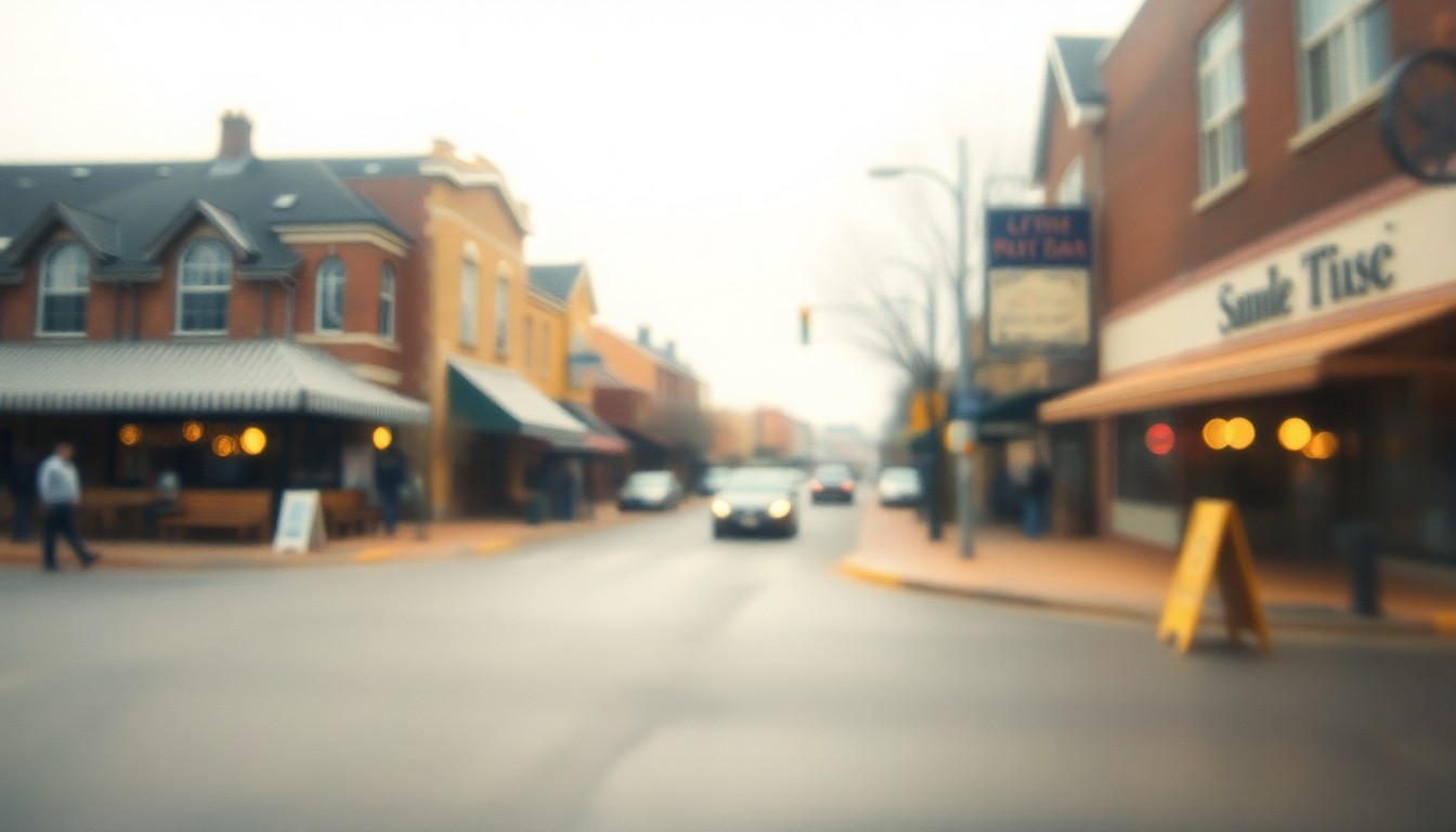 An extremely blurred, warm-toned photograph of a small-town main street with a few open shops and restaurants, conveying the peaceful, contemplative mood of Good Friday.