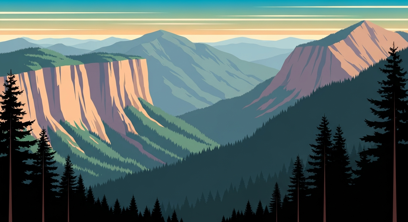 A bold, geometric illustration in the Art Deco style, depicting the sweeping, towering mountains and forests of Great Smoky Mountains National Park in a conceptual, abstract manner, capturing the grand scale and natural beauty of the environment.