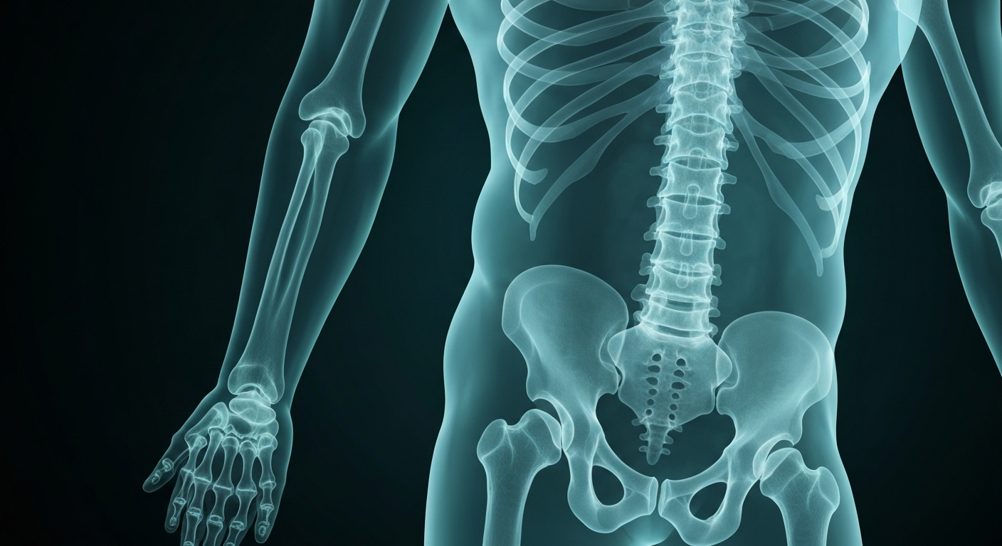 A translucent, ghostly X-ray image of a human skeletal structure, glowing with a soft blue-green light, conceptually representing the resilience and strength of cancer patients receiving care at Stony Brook University Hospital.