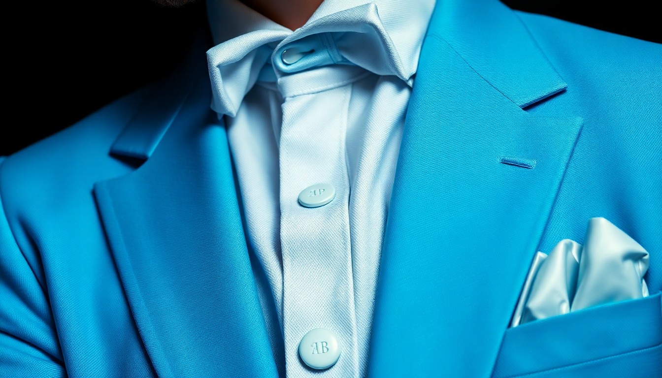 An extreme close-up photograph of a wax figure wearing a powder-blue Versace suit, capturing the intricate details and luxurious textures of the fabric and accessories in dramatic, high-contrast studio lighting.