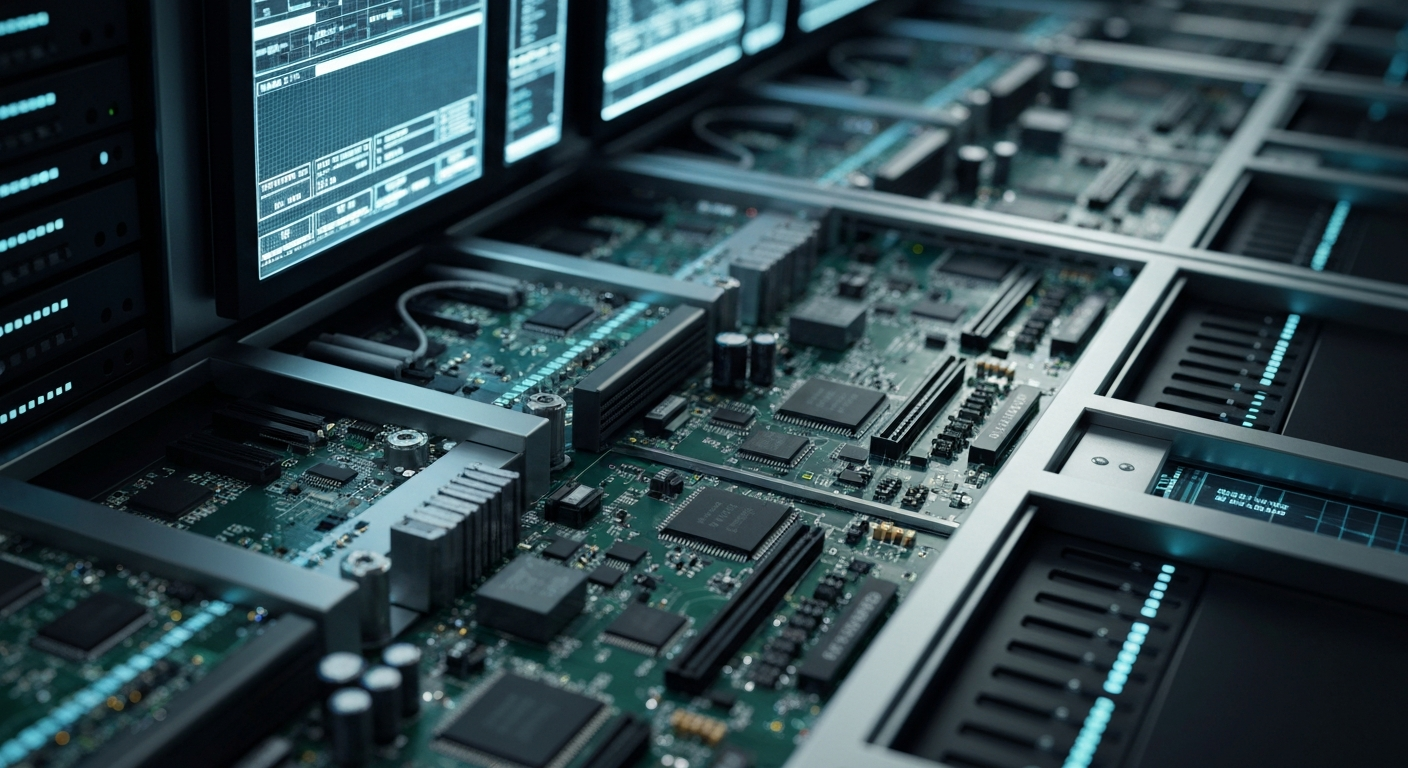 An extreme close-up of intricate financial machinery and banking technology, such as circuit boards, data servers, and electronic displays, conveying the complex infrastructure behind modern finance.