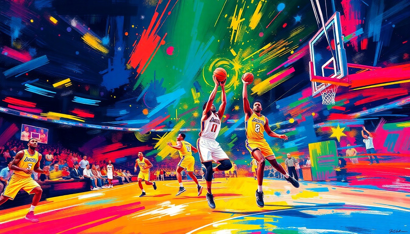 An abstract, expressionist painting in neon colors depicting the energy and movement of an NBA basketball game, with players' forms dissolving into vibrant brushstrokes.
