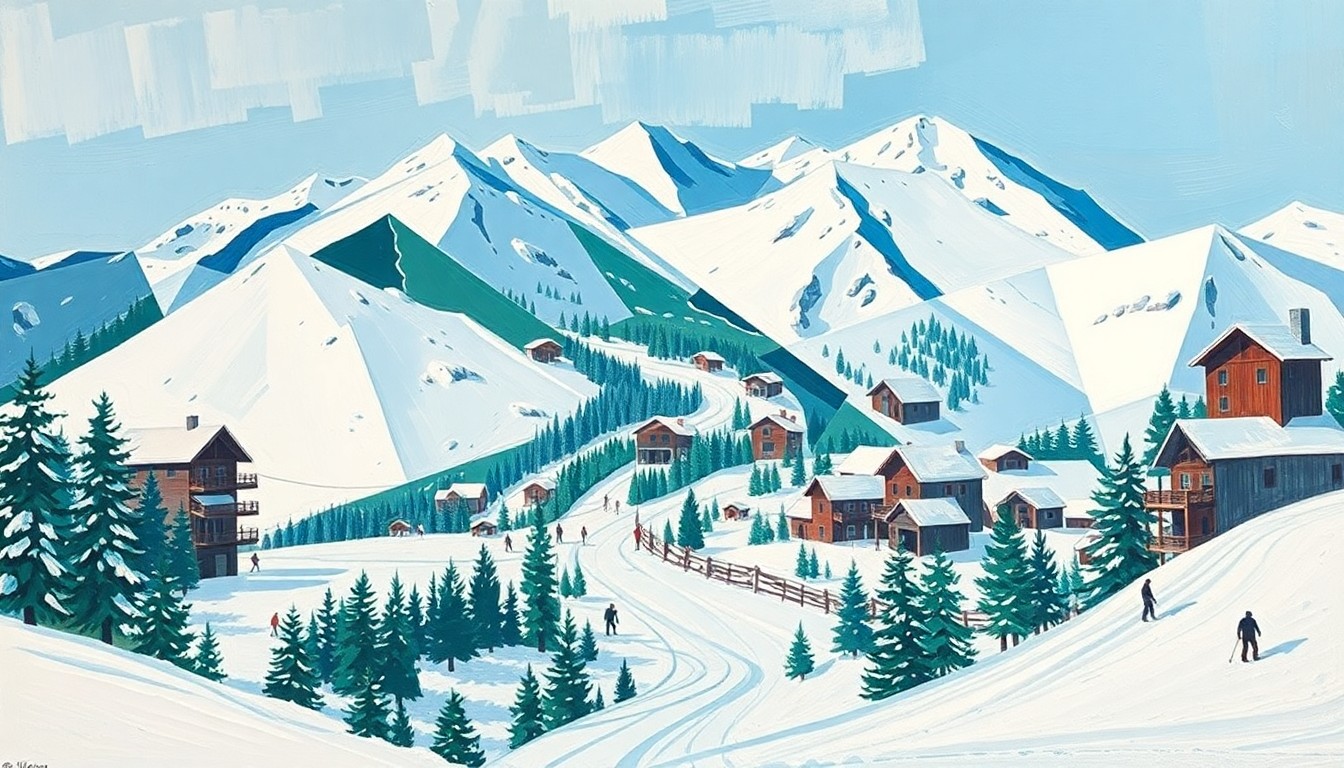 A cubist, geometric painting depicting a fragmented ski resort scene with overlapping planes of white, blue, and green, conceptually representing the challenges of the ski industry.