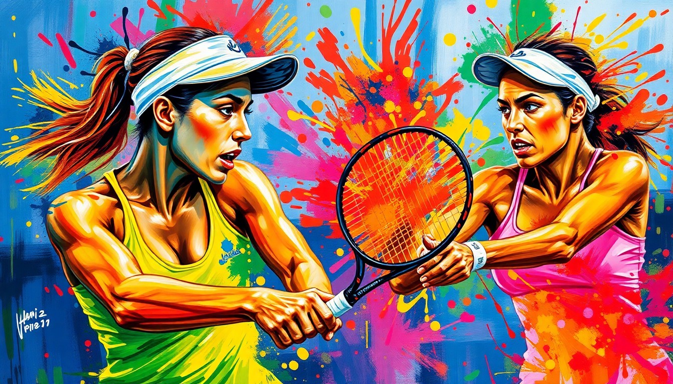 A vibrant, expressionist painting in neon colors depicting the raw energy and competitive spirit of a women's tennis match, with the players' forms dissolving into abstract brushstrokes.