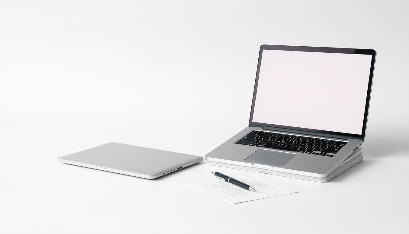 A photorealistic studio still life featuring a laptop, pen, and stack of papers arranged in a minimalist, elegant composition to symbolize the automation and efficiency of digital business tools.