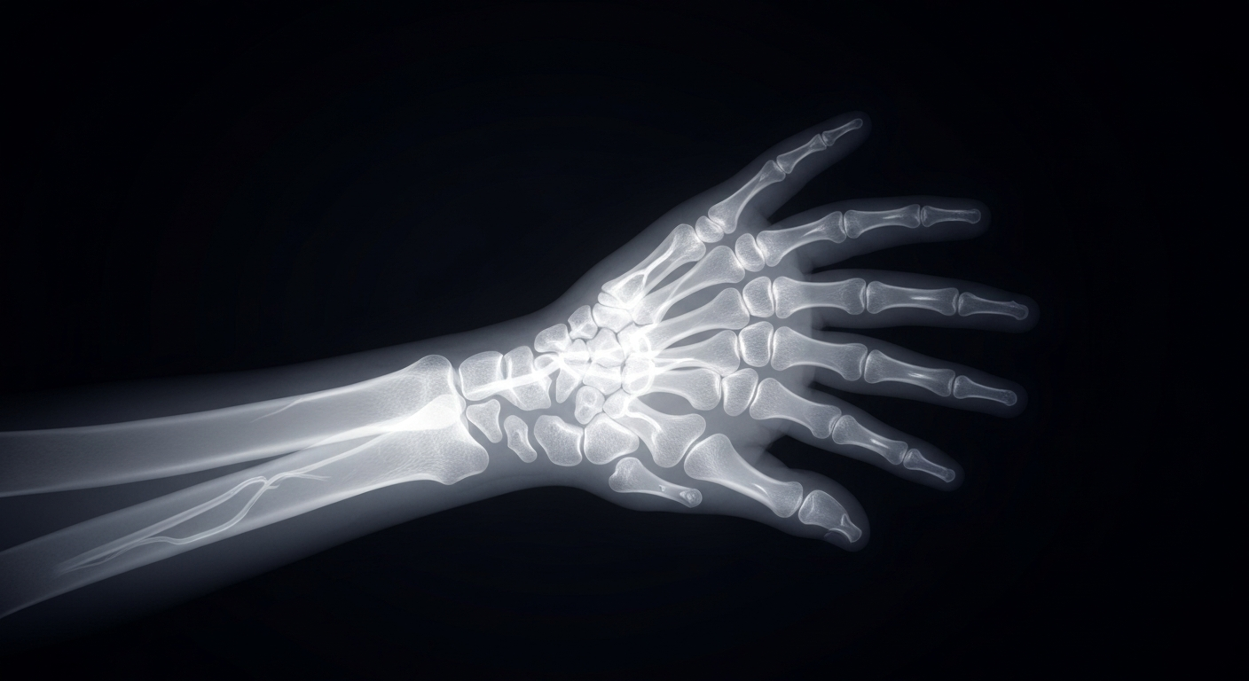 A ghostly, translucent X-ray image of a human hand and wrist, with the bones and veins glowing softly against a dark background, conceptually representing the internal processes involved in treating Lyme disease.