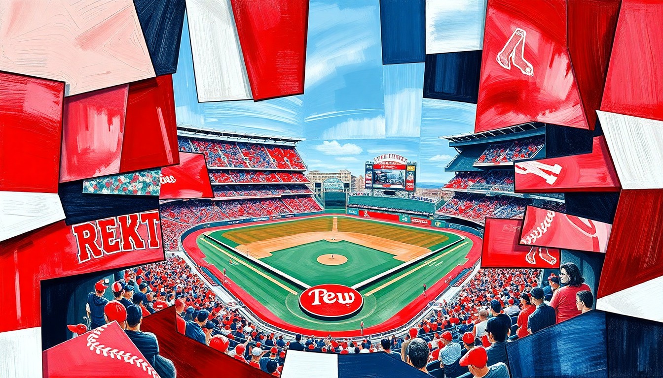 A fractured, cubist-style painting depicting a baseball game at Fenway Park, with the field and stands broken down into sharp, overlapping geometric shapes in the colors of the Red Sox.