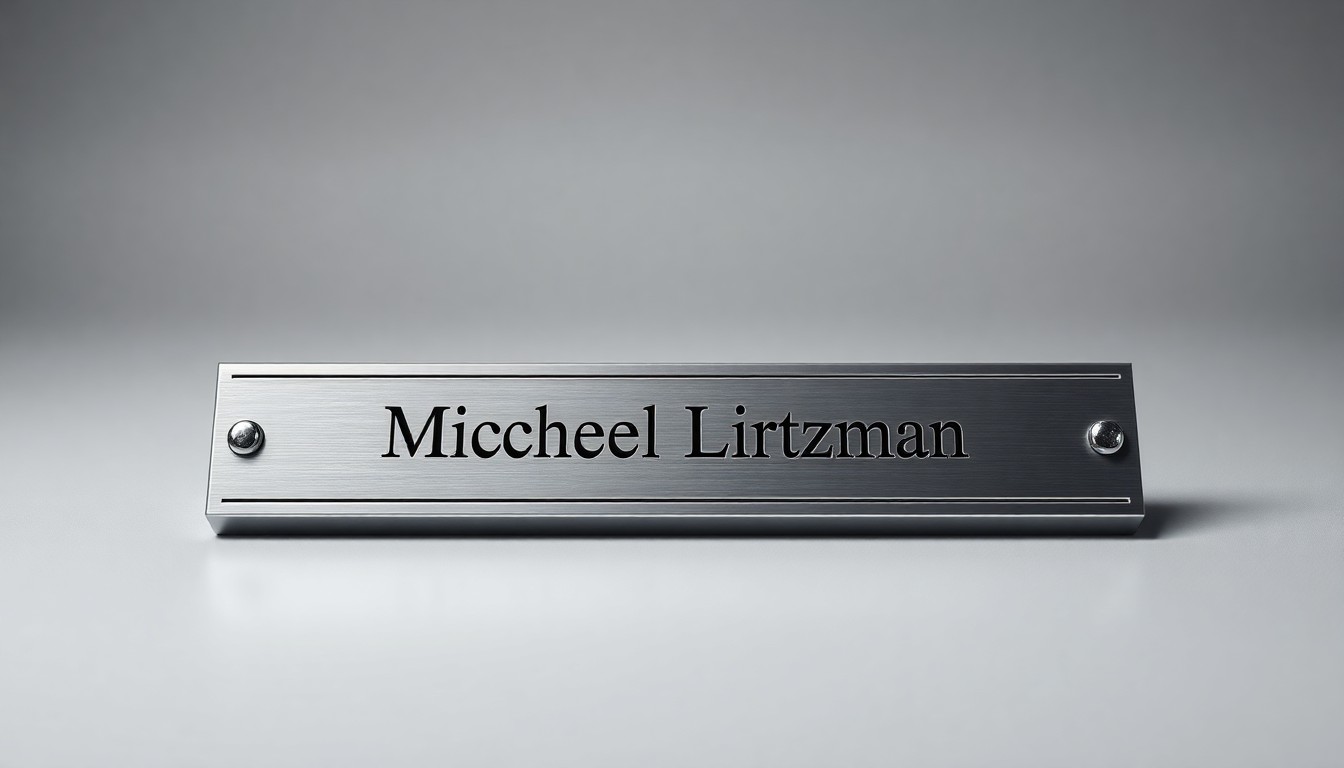 A minimalist studio photograph featuring a polished metal office nameplate with the text 'Michael Lirtzman' engraved on it, resting on a clean, monochromatic background and illuminated by dramatic studio lighting, conceptually representing CBRE's strategic hire in the Chicago market.