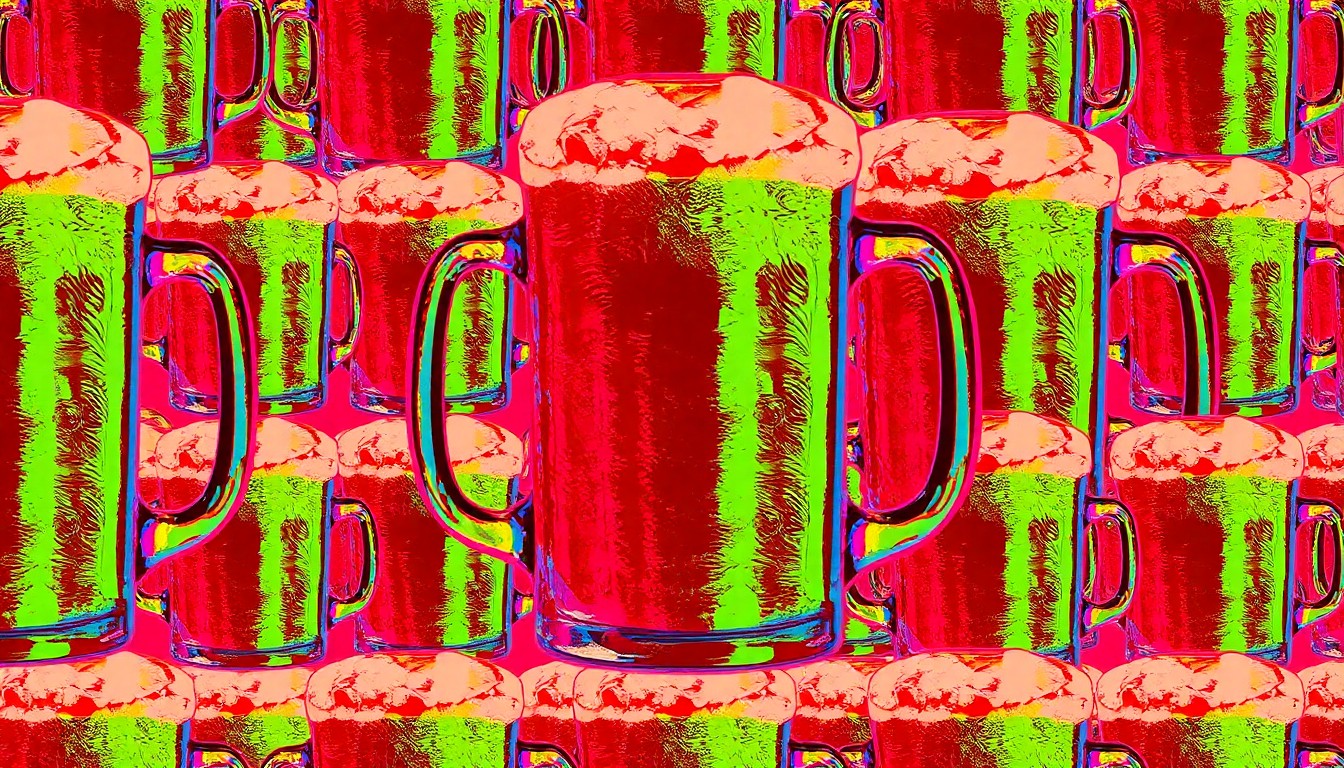 A bold, colorful silkscreen-style illustration featuring a repeating pattern of a frothy beer mug in vibrant neon hues, capturing the celebratory spirit of National Beer Day at Miracle Mile Shops.