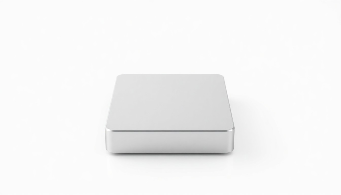 A close-up view of a silver, cylindrical external hard drive with a smooth, minimalist design resting on a plain white background, representing the simplicity and reliability of physical backup storage.